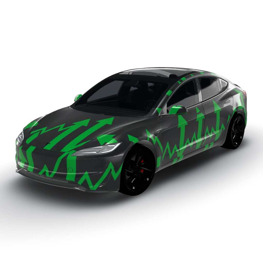 Stonks green arrows up — a Model 3 (2024+) Performance wearing this AI wrap design