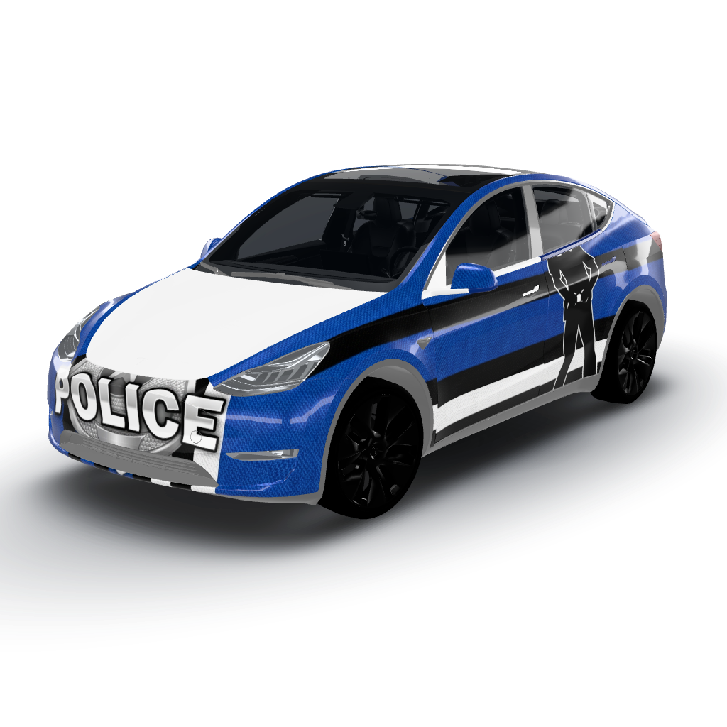 Police blue serves as the dominant color — a Model Y wearing this AI wrap design