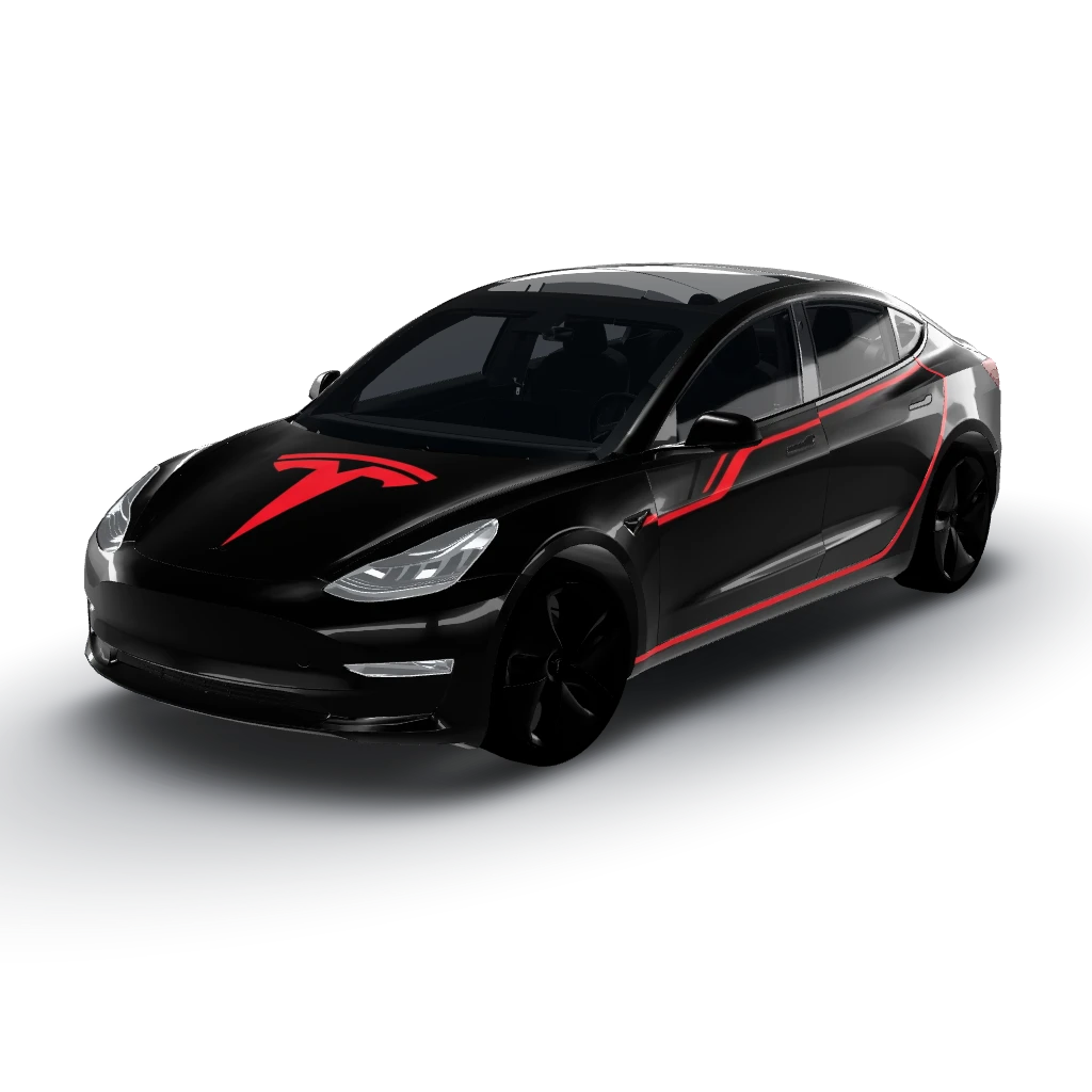 Artwork features a sleek black base texture — a Model 3 wearing this AI wrap design
