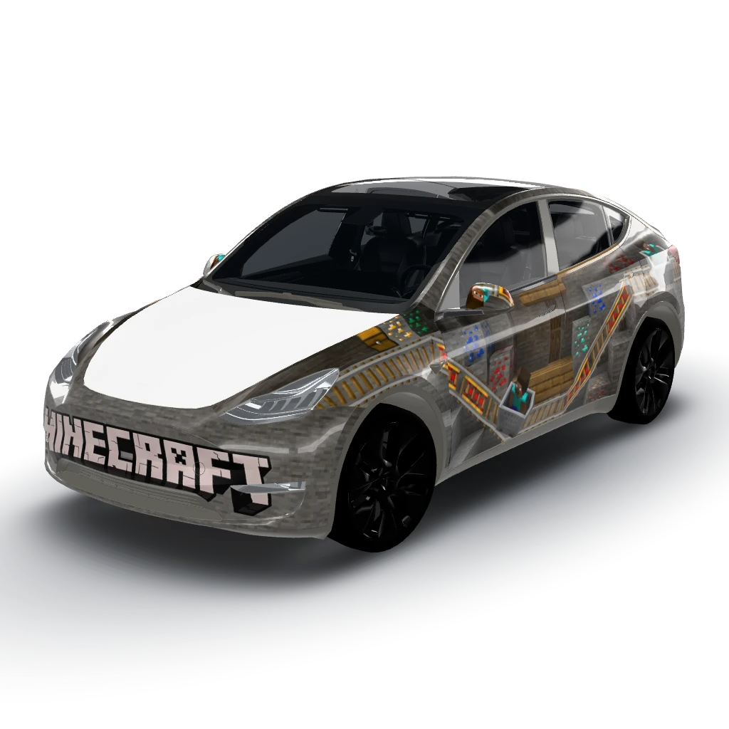 Minecraft mine with minecarts going down — a Model Y wearing this AI wrap design