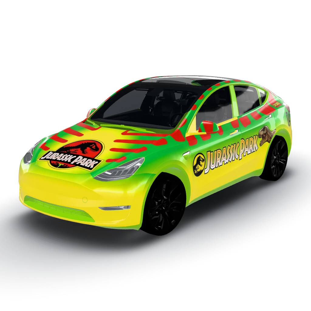 Jurrasic park for explorer cars — a Model Y wearing this AI wrap design