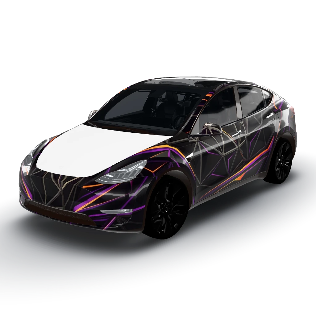 Matte black base with a pewter or gunmetal — a Model Y wearing this AI wrap design