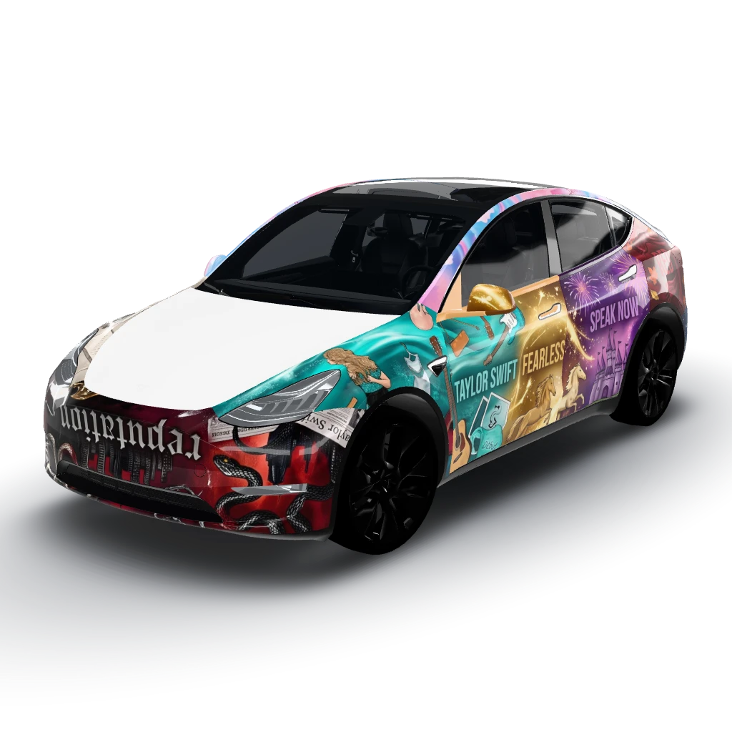 Here's the summary of your custom — a Model Y wearing this AI wrap design