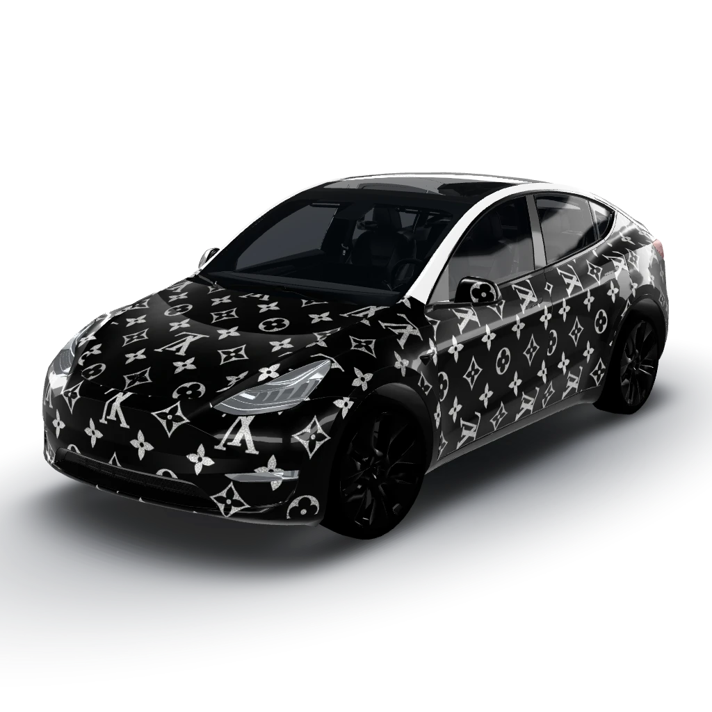 Apply a luxury Louis Vuitton-inspired — a Model Y wearing this AI wrap design