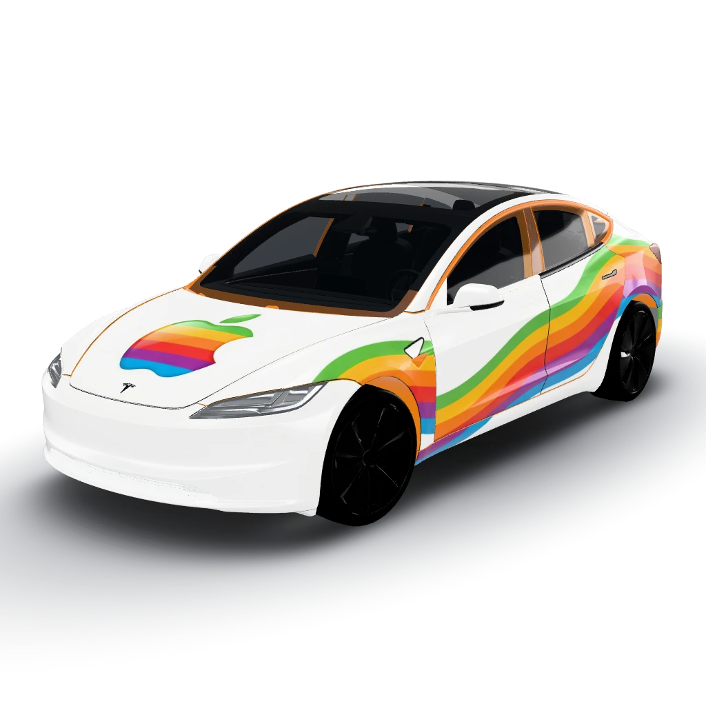 Apple logo on the hood of a white matte — a Model 3 (2024+) Standard & Premium wearing this AI wrap design