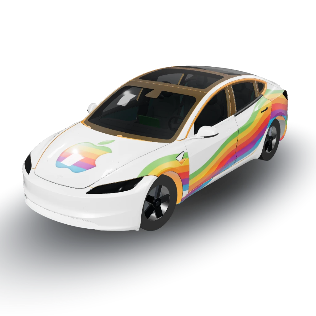 Apple logo on the hood of a white matte — a Model 3 (2024+ Base) wearing this AI wrap design