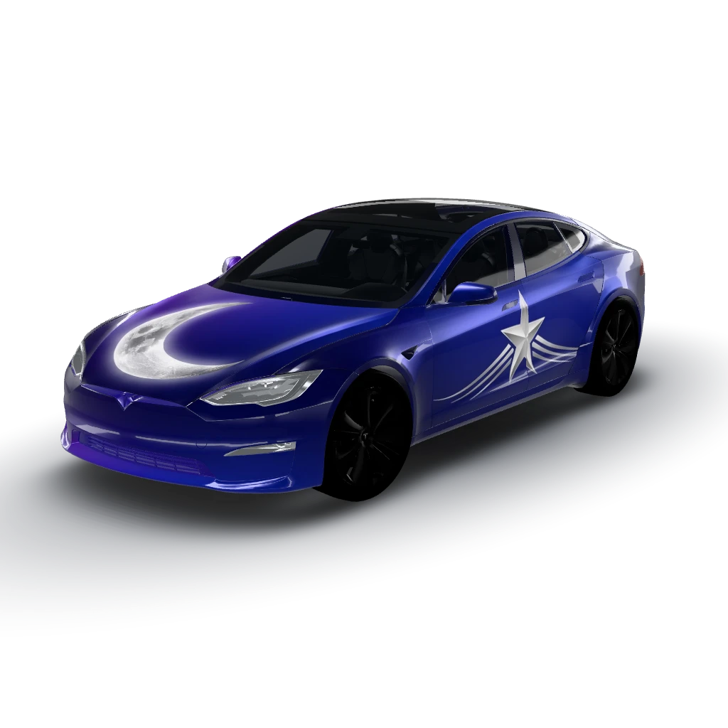 Midnight blue to purple gradient flows — a Model S (2021+) wearing this AI wrap design