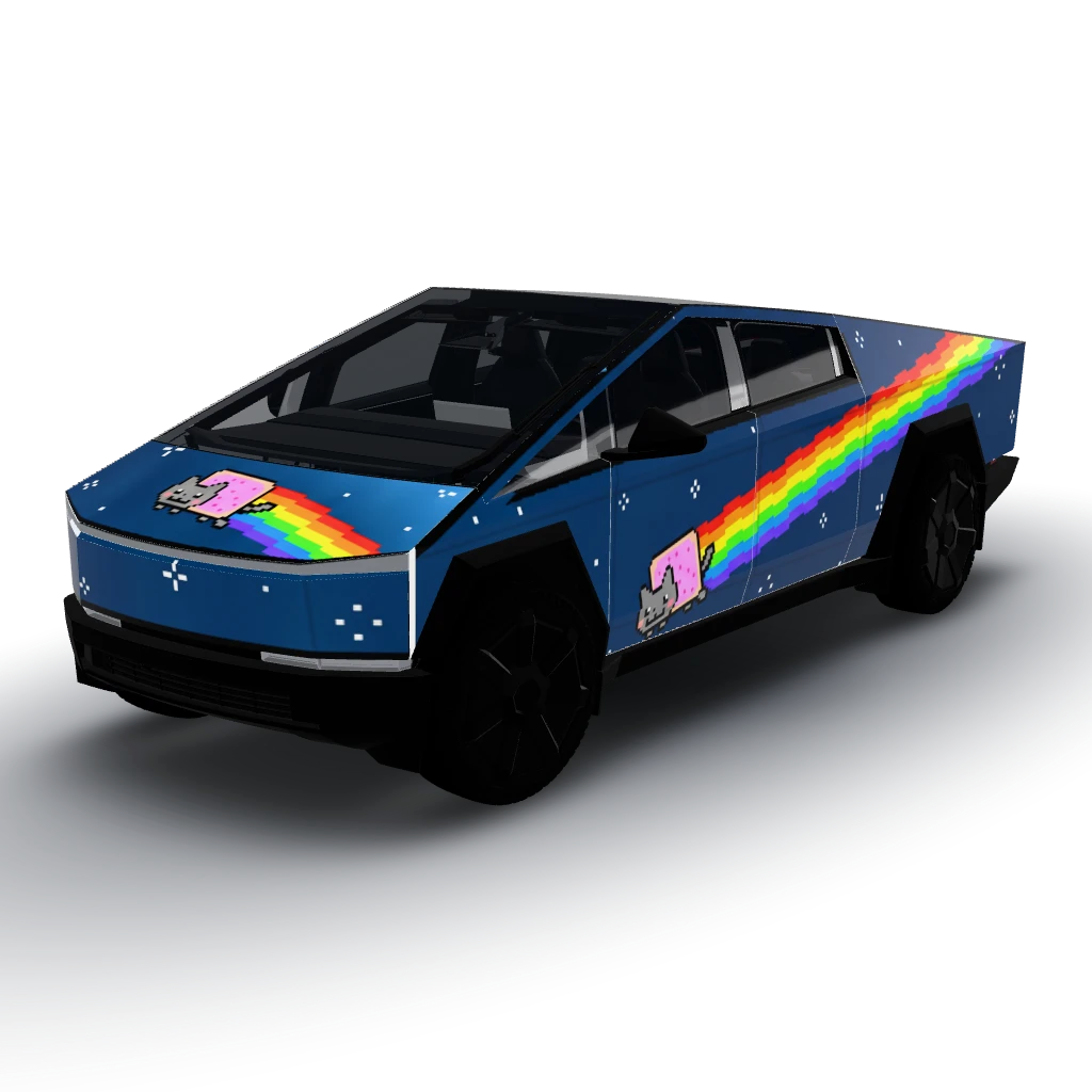 NYAN Cat on the side of the panels — a Cybertruck wearing this AI wrap design