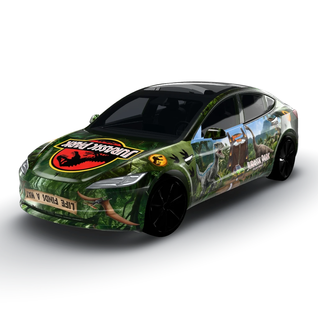 Jurassic park, subtitle, glossy — a Model 3 (2024+) Standard & Premium wearing this AI wrap design