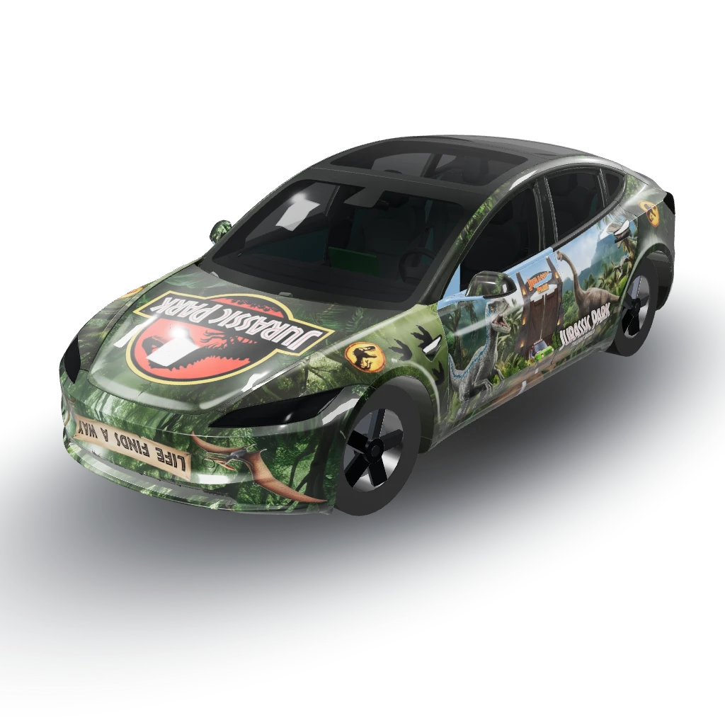 Jurassic park, subtitle, glossy — a Model 3 (2024+ Base) wearing this AI wrap design