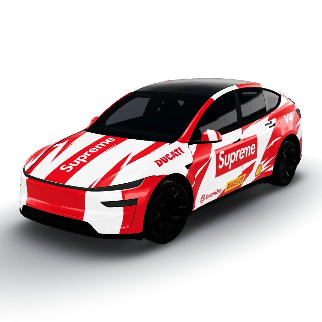 Ducati supreme — a Model Y L wearing this AI wrap design