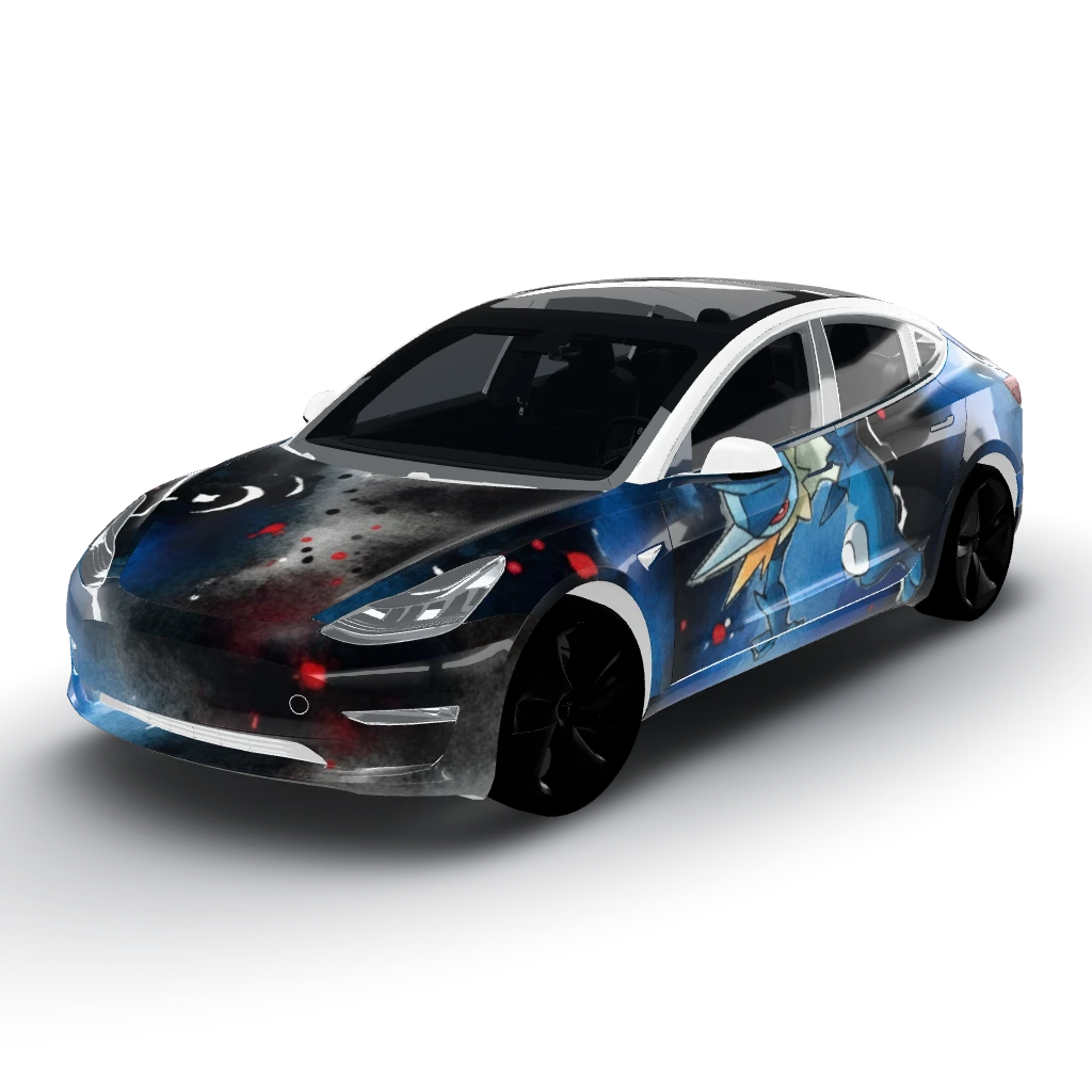 Use the attached as inspiration — a Model 3 wearing this AI wrap design