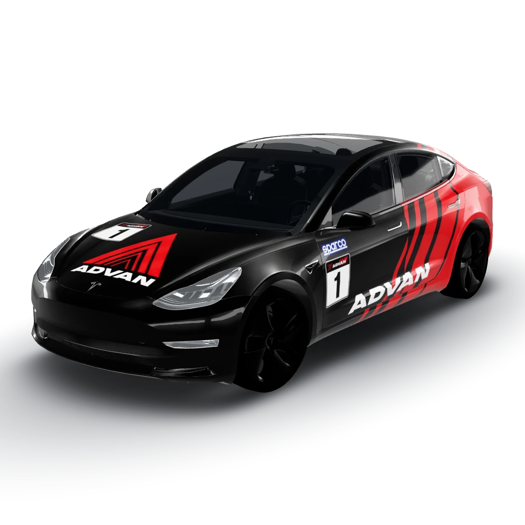 Advan logo in their signature red, black — a Model 3 wearing this AI wrap design