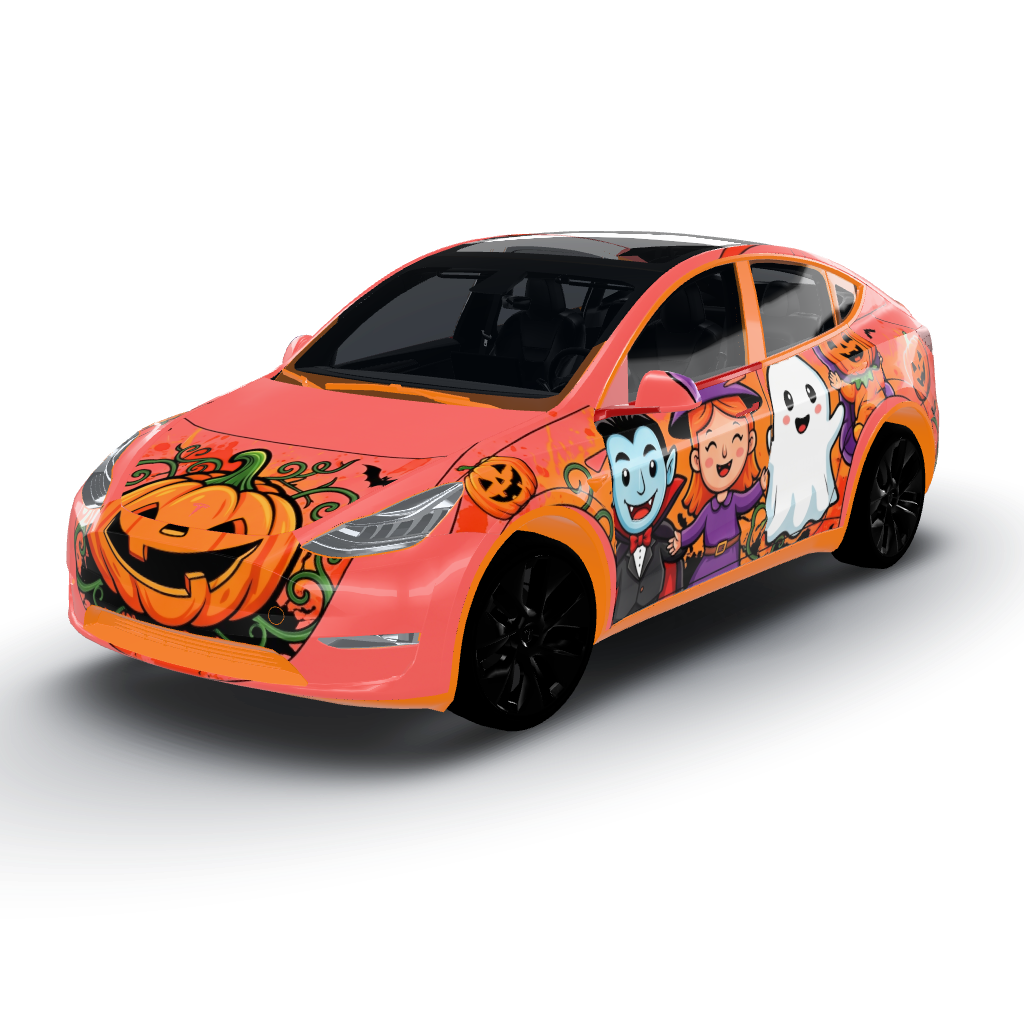 Solid Halloween-themed, the artwork — a Model Y wearing this AI wrap design