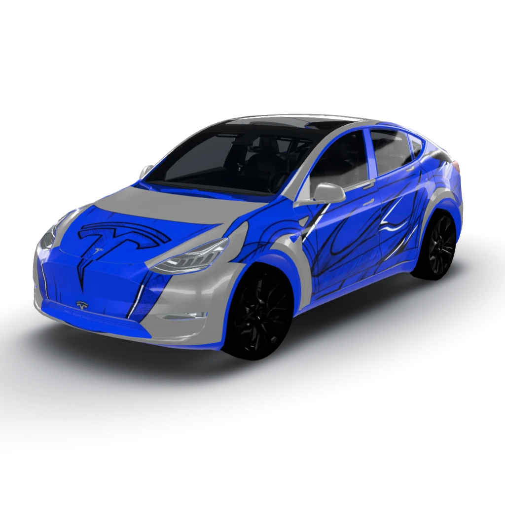 Large centered accent featuring — a Model Y wearing this AI wrap design