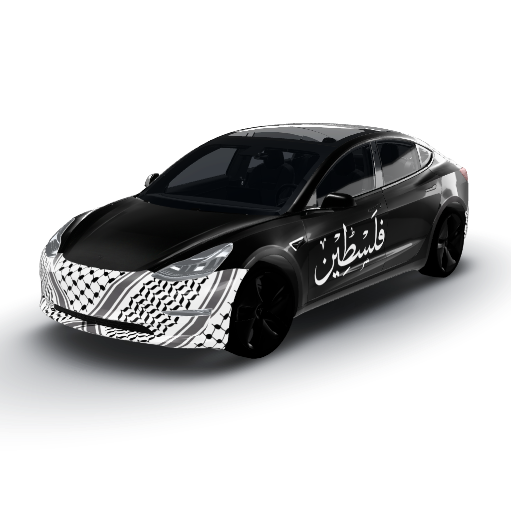Hood features a black and white keffiyeh — a Model 3 wearing this AI wrap design