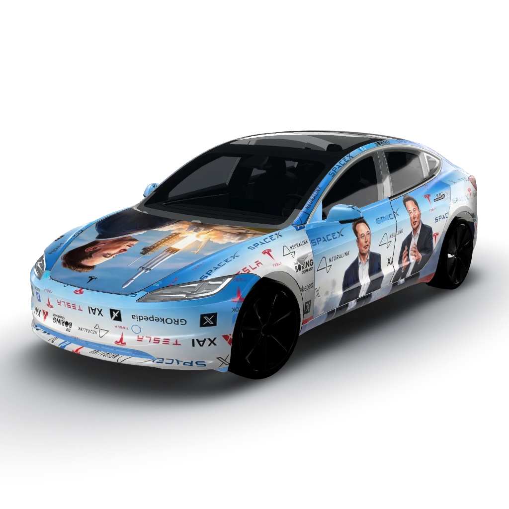 Elon musk tribute into a wrap — a Model 3 (2024+) Standard & Premium wearing this AI wrap design