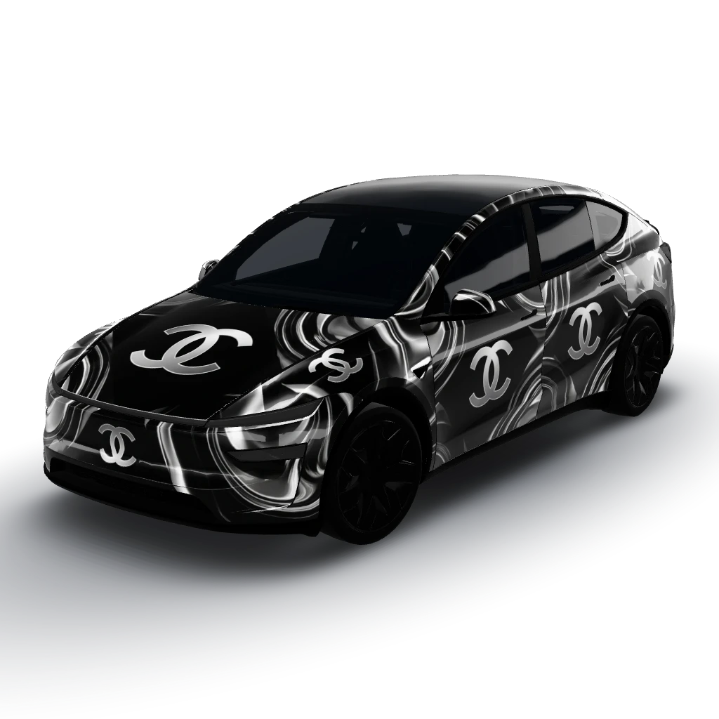 All-over pattern in black and silver glossy — a Model Y L wearing this AI wrap design