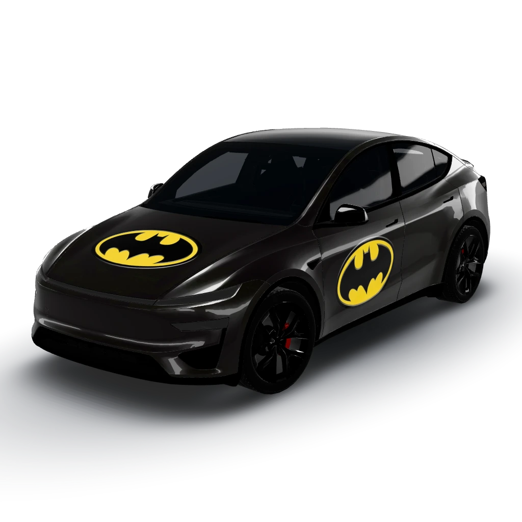 Iconic bat symbol centered on the hood — a Model Y (2025+) Performance wearing this AI wrap design