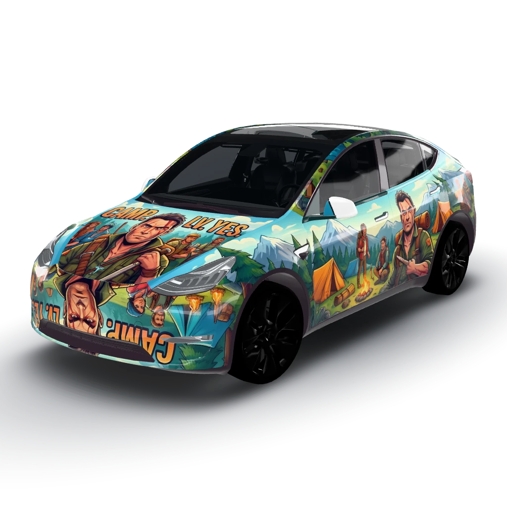 Camp — a Model Y wearing this AI wrap design