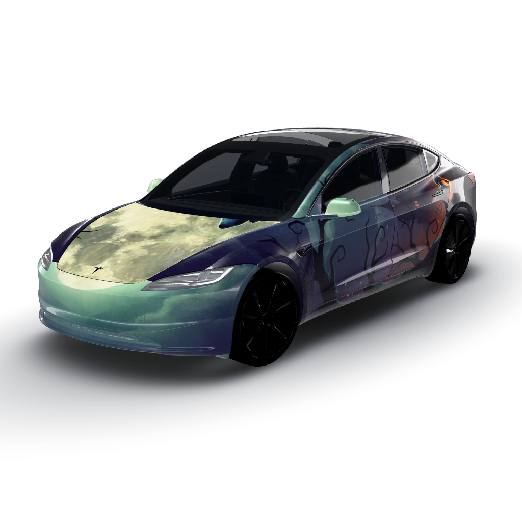 2026 Halloween Wrap — a Model 3 (2024+) Standard & Premium wearing this AI wrap design