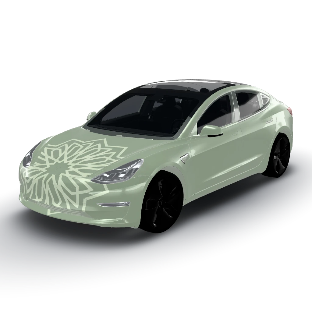 Large centered geometric motif in a lighter — a Model 3 wearing this AI wrap design
