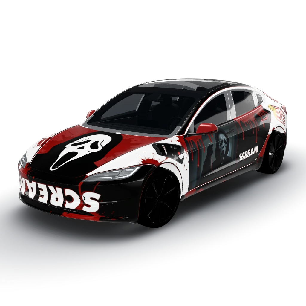Scream the movie — a Model 3 (2024+) Standard & Premium wearing this AI wrap design
