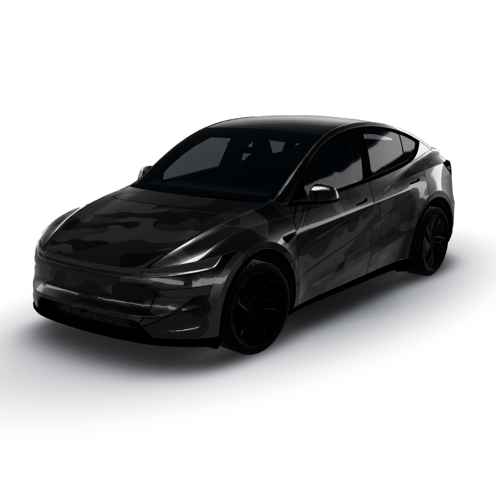 All-black camo pattern that spans edge — a Model Y (2025+) Premium wearing this AI wrap design