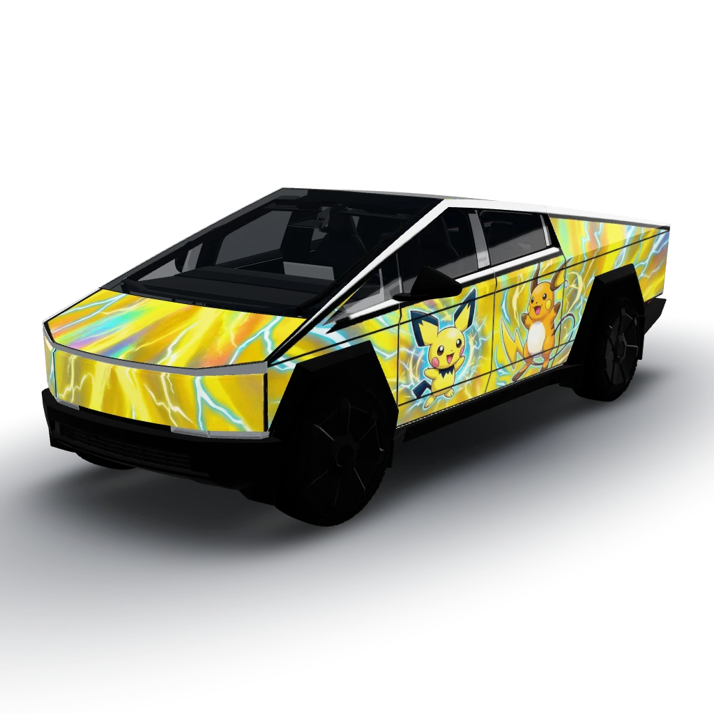 Pokemon Pikachu electric yellow — a Cybertruck wearing this AI wrap design