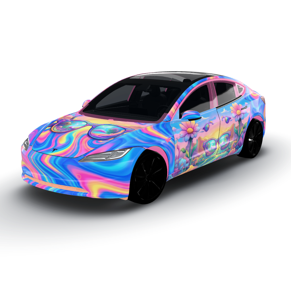 Colourful surreal eyewear art features — a Model 3 (2024+) Standard & Premium wearing this AI wrap design