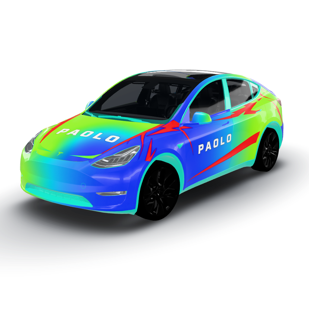 Genera questo aspetto in un vibrante mix di — a Model Y wearing this AI wrap design