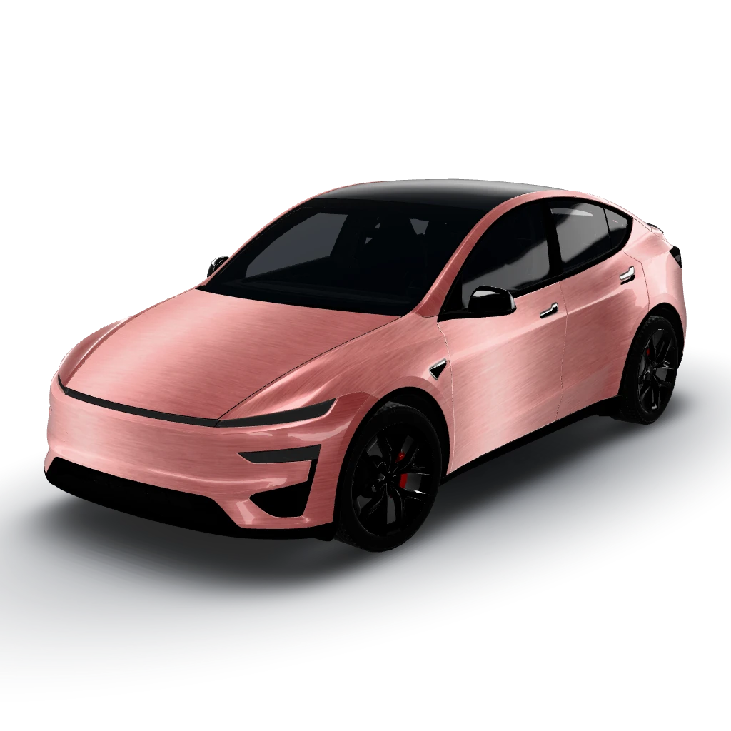 Rose gold brushed metallic — a Model Y (2025+) Performance wearing this AI wrap design
