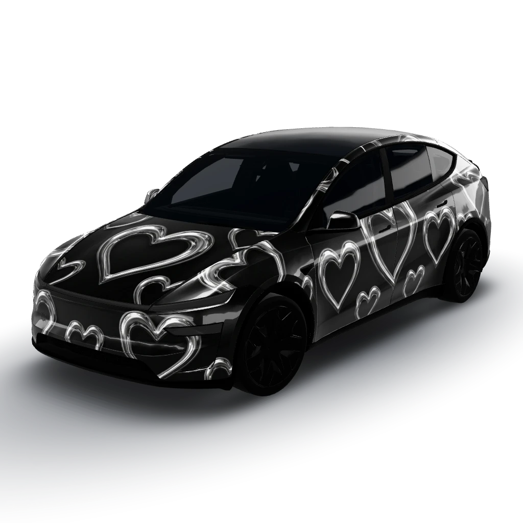 Chrome heart satin black wrap — a Model Y L wearing this AI wrap design