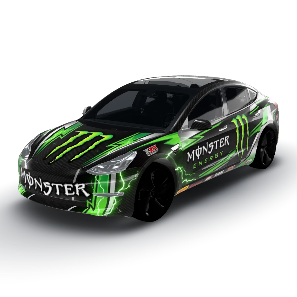 Monster Energy Sponsored Tesla wrap — a Model 3 wearing this AI wrap design