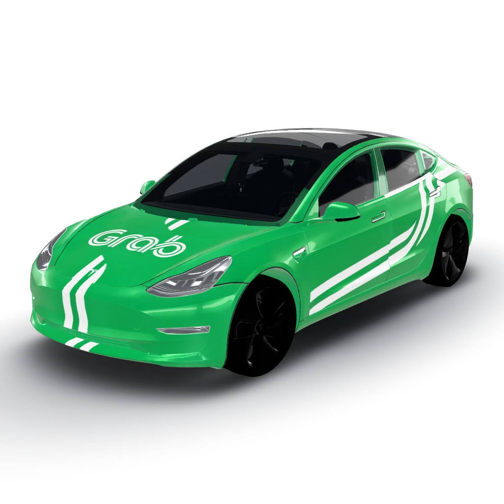 Vibrant grass green matte base color — a Model 3 wearing this AI wrap design