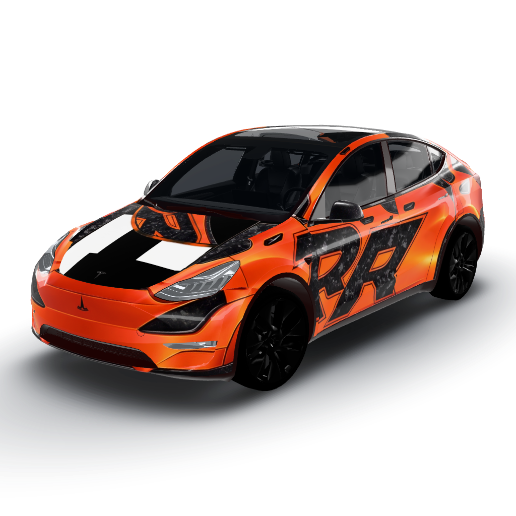"RR" logo large, centered, and upright — a Model Y wearing this AI wrap design