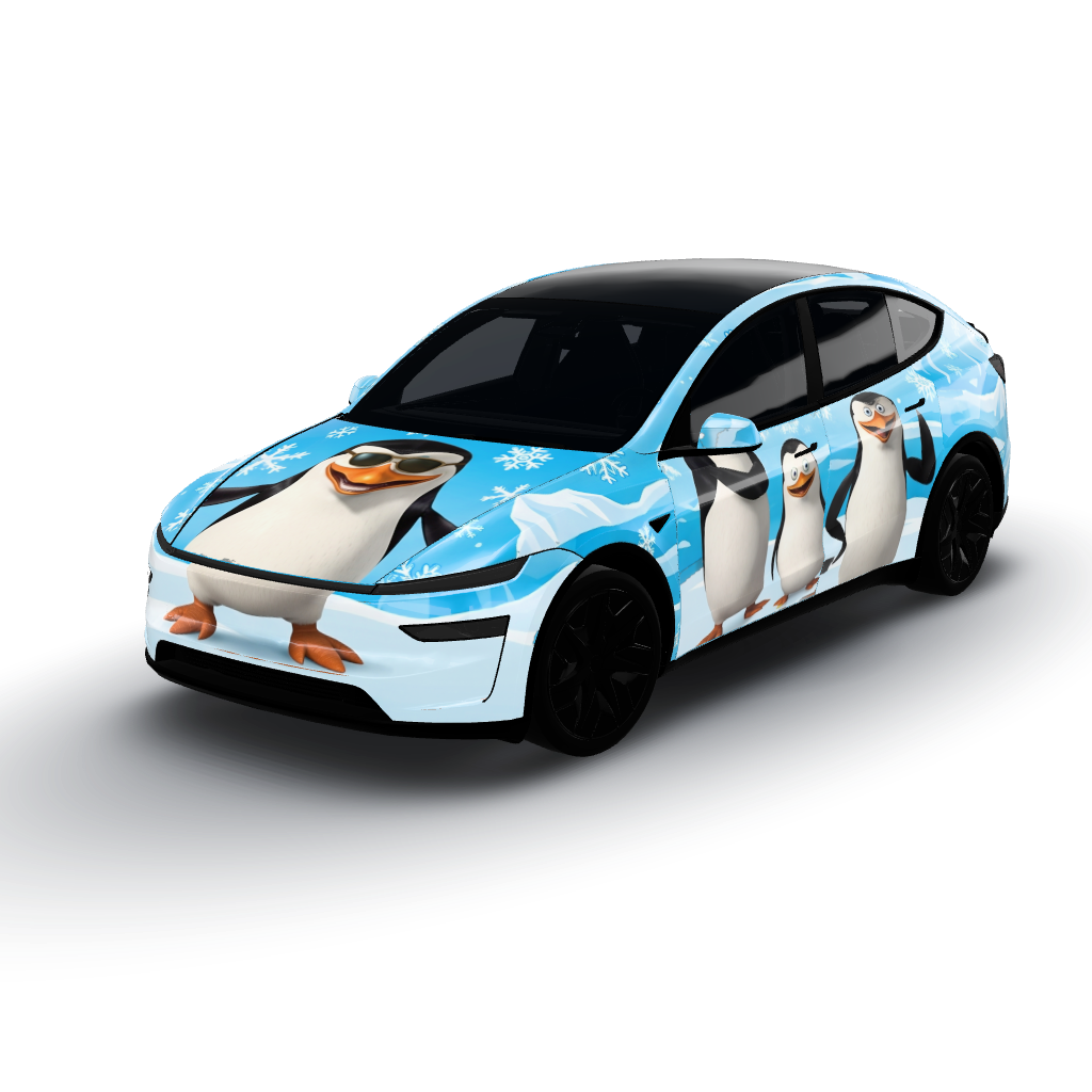 Vibrant color palette dominated by icy — a Model Y L wearing this AI wrap design