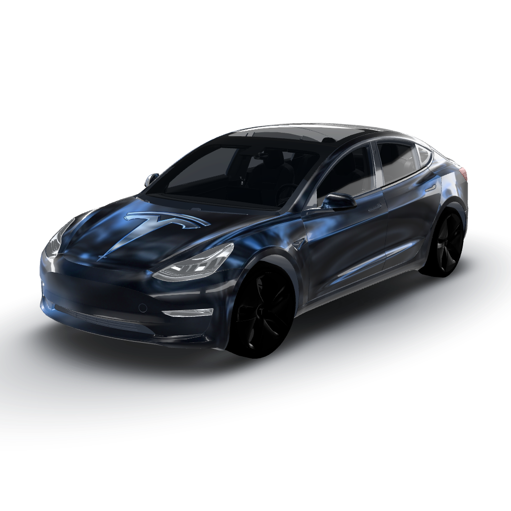 Hood: a large centered Tesla emblem — a Model 3 wearing this AI wrap design