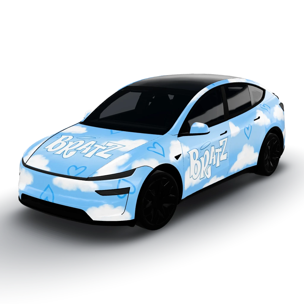 "BRATZ" logo in sky blue, centered — a Model Y L wearing this AI wrap design