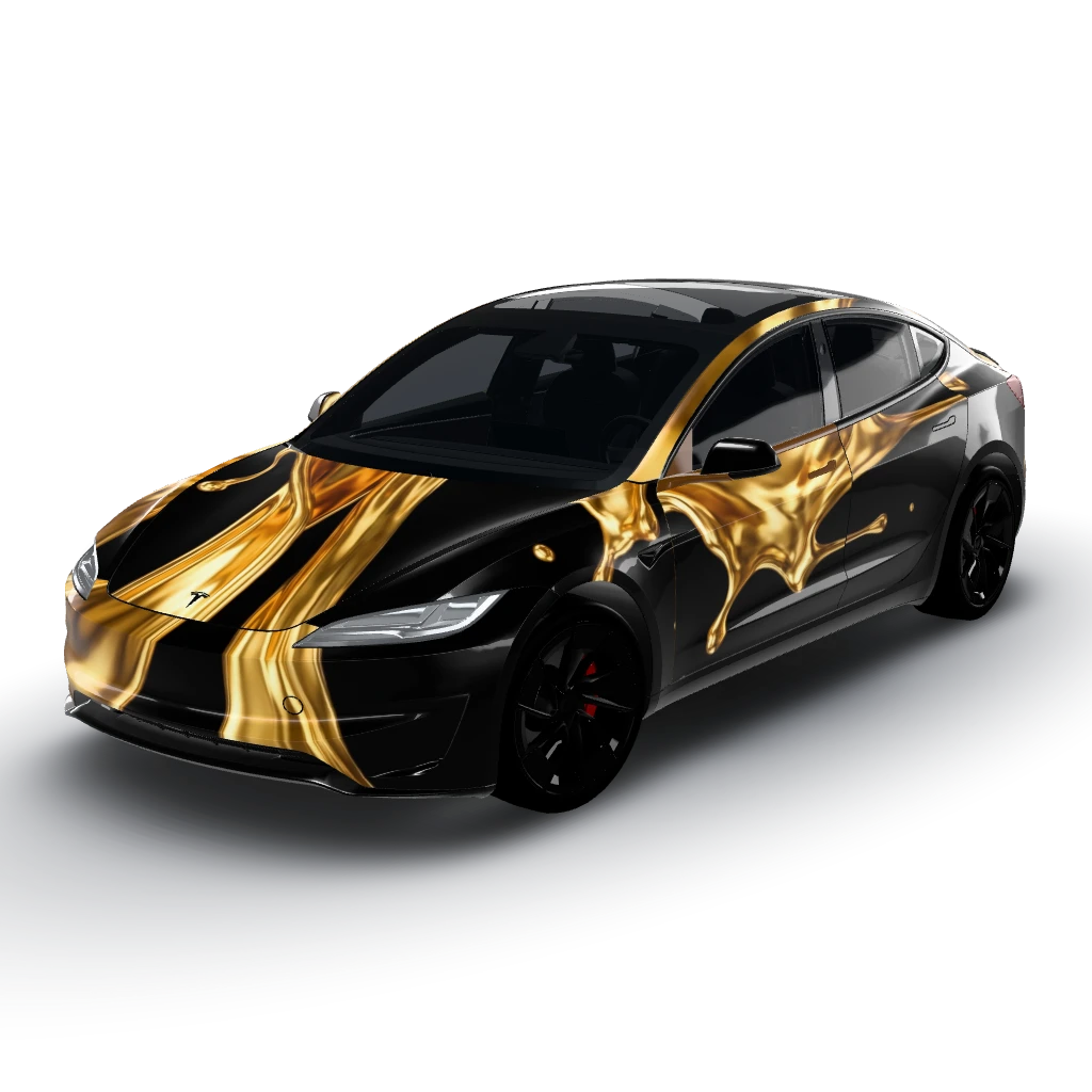 Liquid gold pour effect on a matte black — a Model 3 (2024+) Performance wearing this AI wrap design