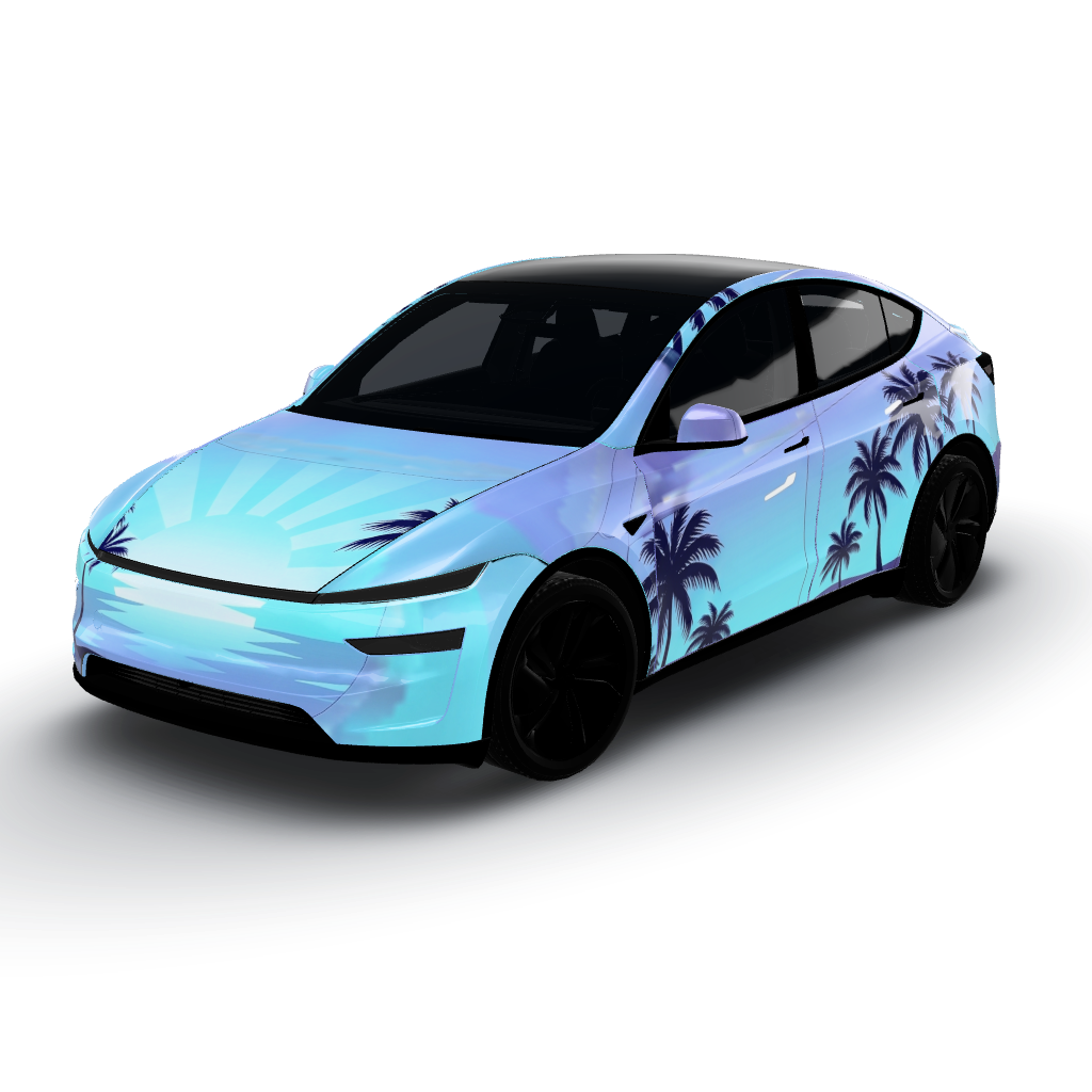 Hood: vibrant beach sunset gradient — a Model Y (2025+) Premium wearing this AI wrap design