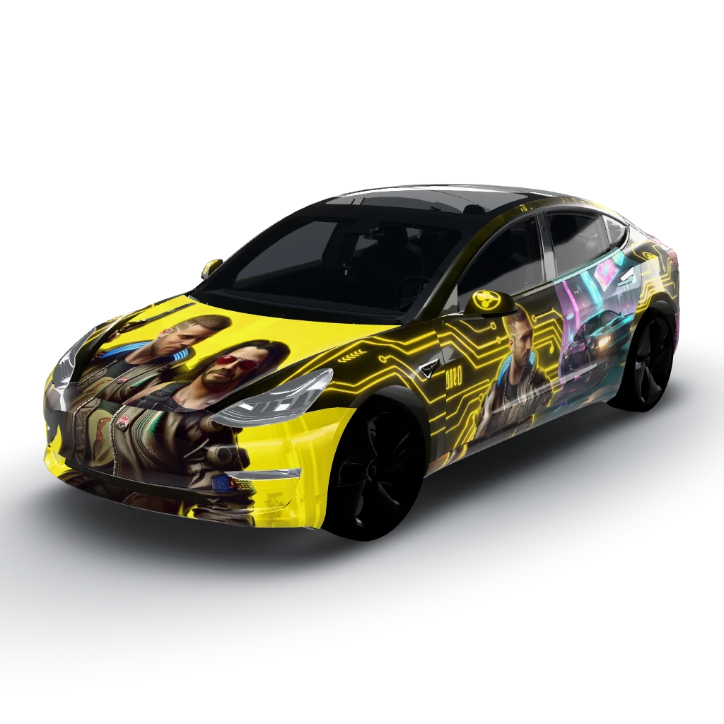 From cyberpunk 77 Style — a Model 3 wearing this AI wrap design