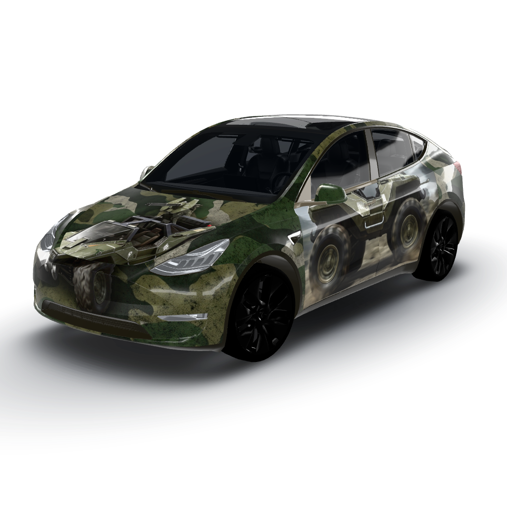Rugged, military-inspired color palette — a Model Y wearing this AI wrap design