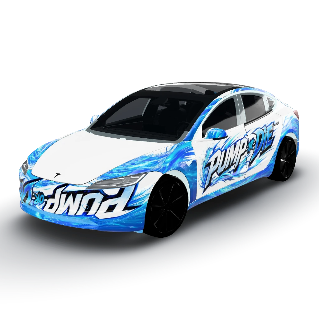 Pump-or-DIE on sides with blue water — a Model 3 (2024+) Standard & Premium wearing this AI wrap design