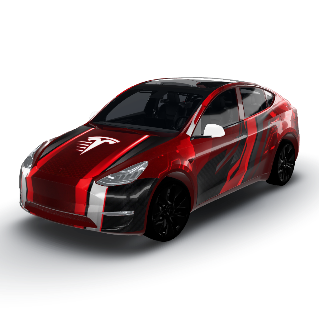 Que sea color rojo y que se vea deportivo — a Model Y wearing this AI wrap design