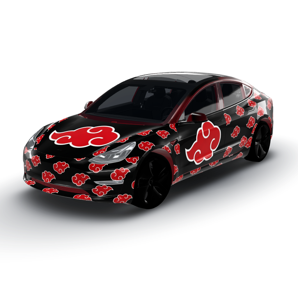 Cohesive design of small Akatsuki cloud — a Model 3 wearing this AI wrap design