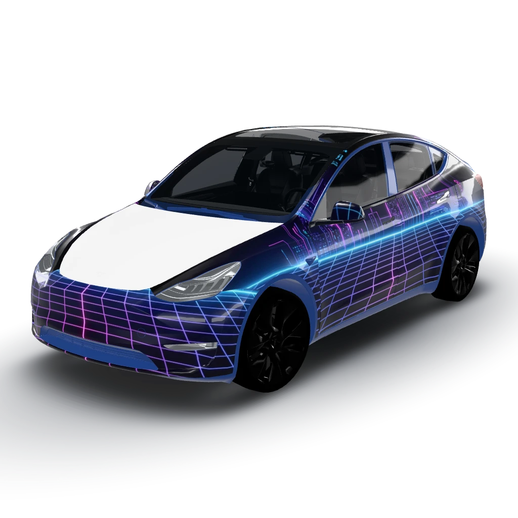 Cyberpunk neon grid on a dark base — a Model Y wearing this AI wrap design