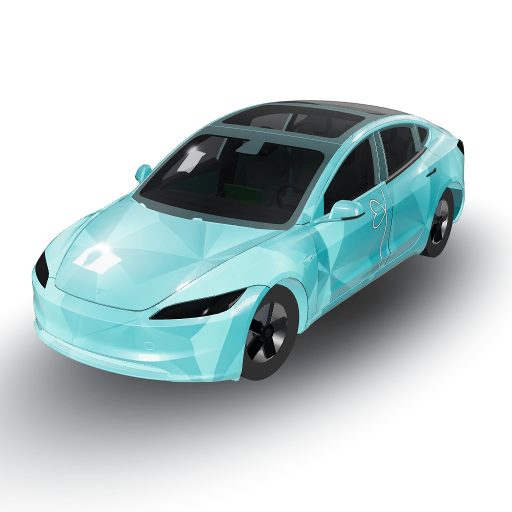 > A 3D car wrap design for a pre-2024 Tesla — a Model 3 (2024+ Base) wearing this AI wrap design