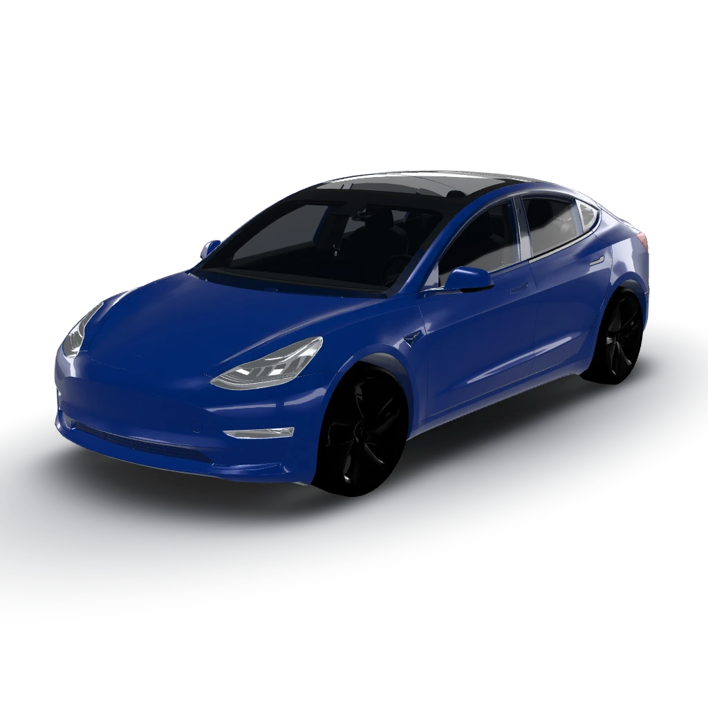 Rich and vibrant Mercatoblau color — a Model 3 wearing this AI wrap design