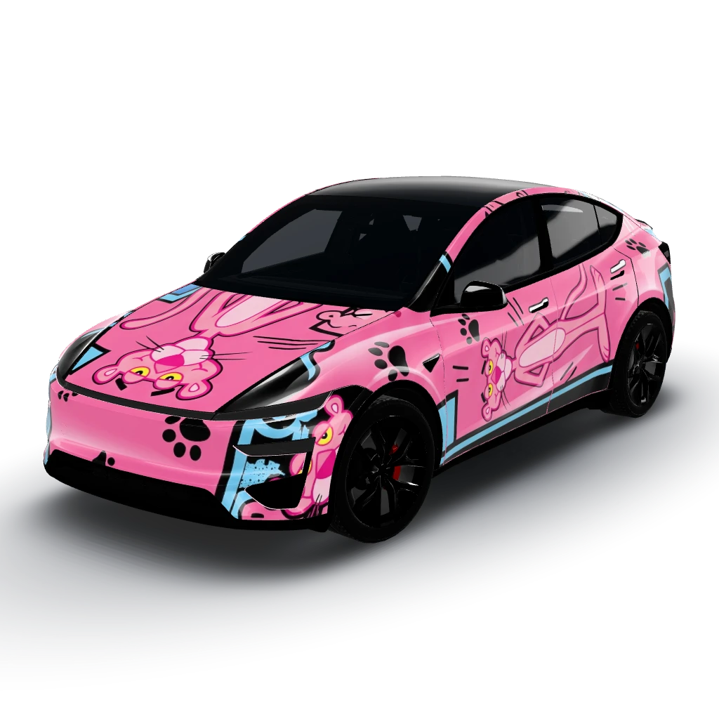 Vibrant pink base with accents of black — a Model Y (2025+) Performance wearing this AI wrap design